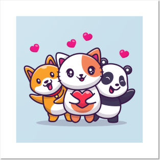 Cute Cat, Panda And Dog With Love Posters and Art